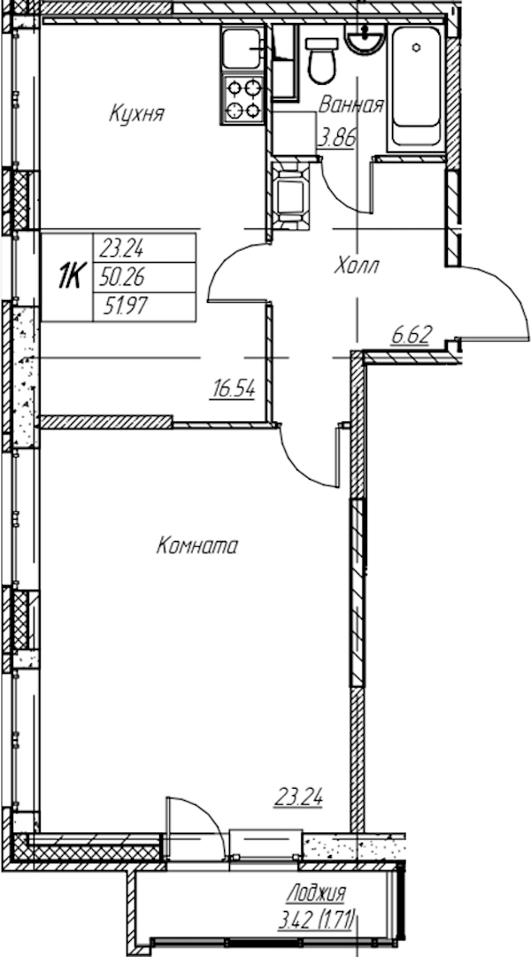 1-комнатная квартира 51.97 м², 3/22 эт., ЖК «Парк-квартал Юнтолово»